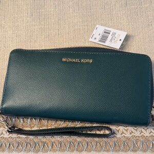 Michael Kors Teal Zip-Around Wristlet Wallet